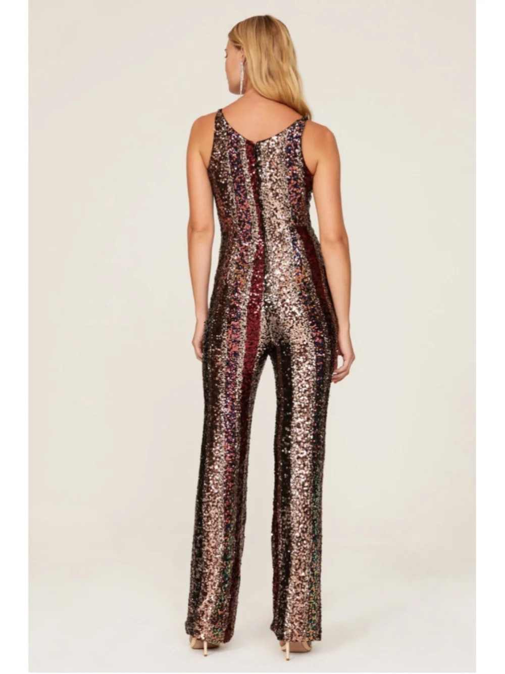 Dress The Population Charlie Rainbow Striped Sequin Wide Leg Disco Jumpsuit L